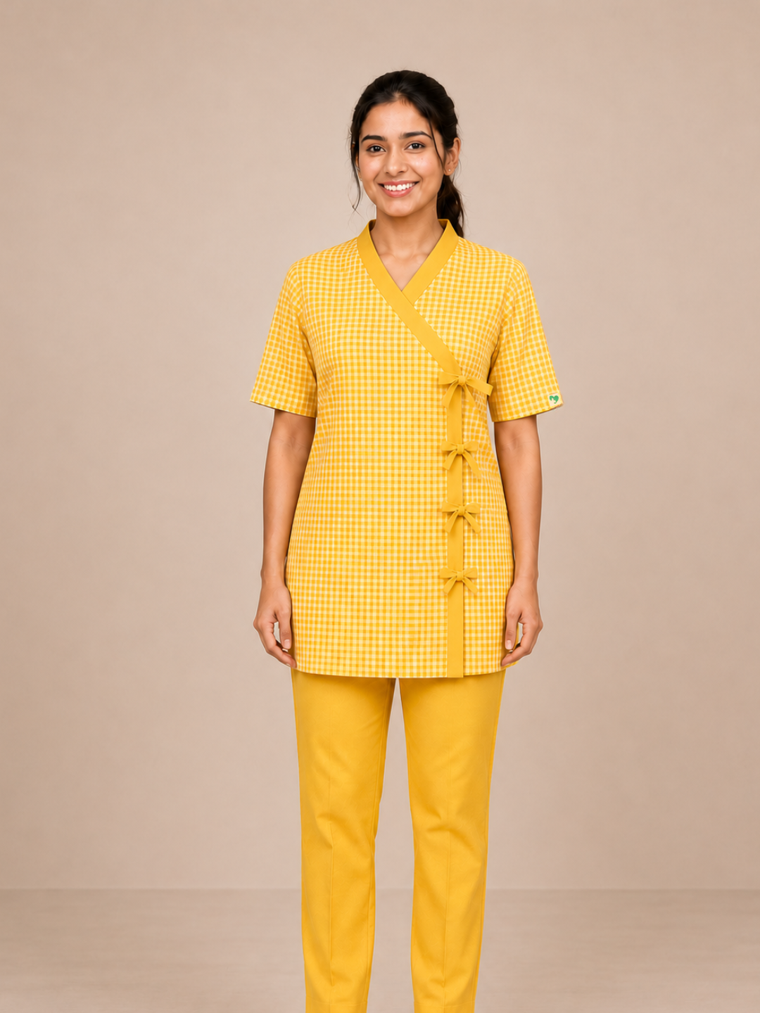 YELLOW V NECK PATIENT DRESS FOR WOMEN