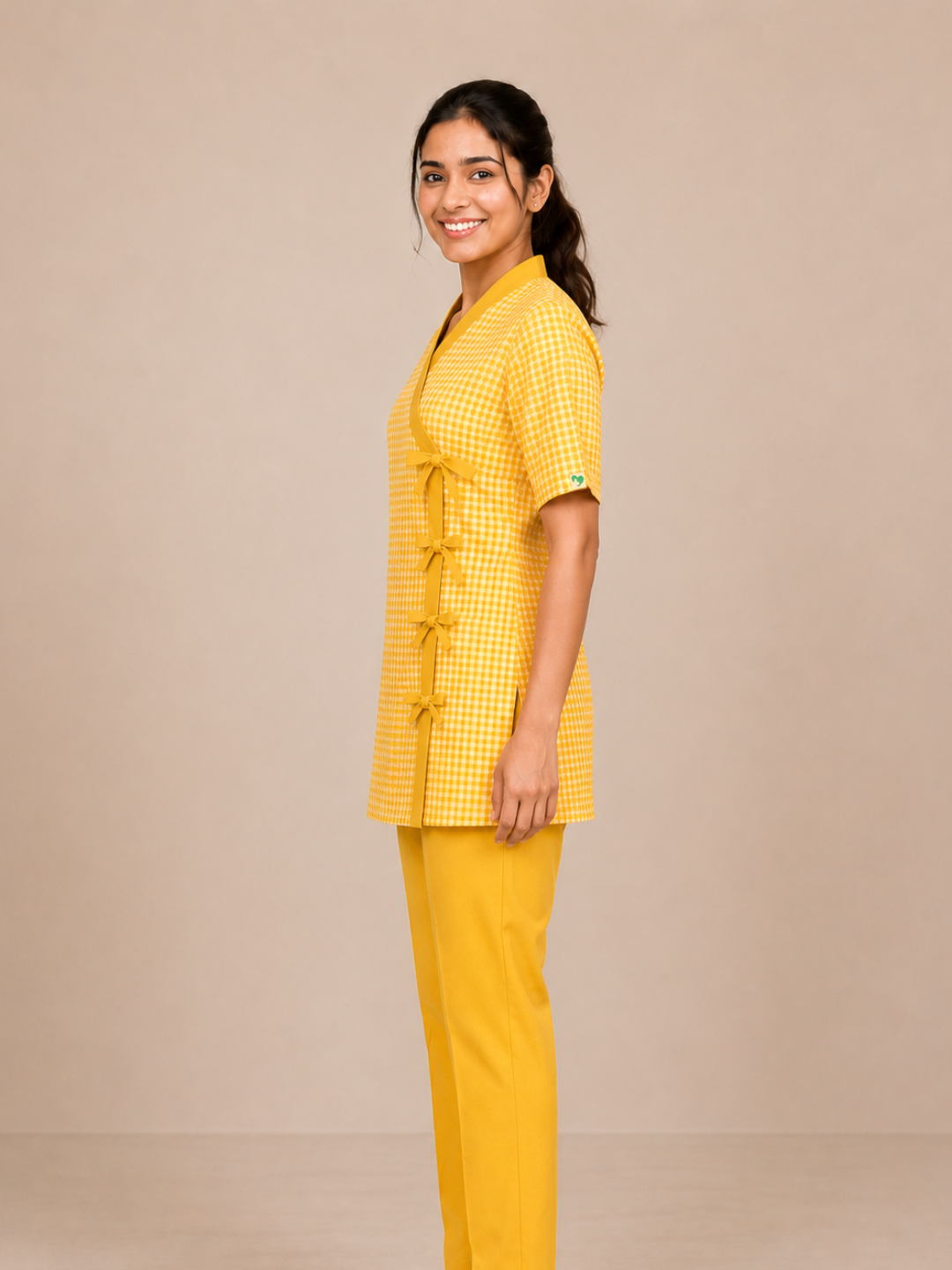 YELLOW V NECK PATIENT DRESS FOR WOMEN