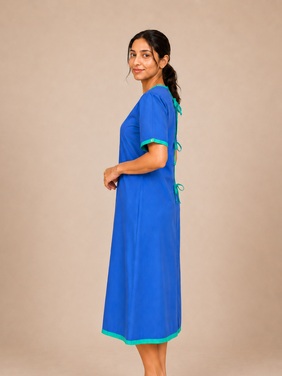 BLUE ROUND NECK PATIENT DRESS FOR WOMEN