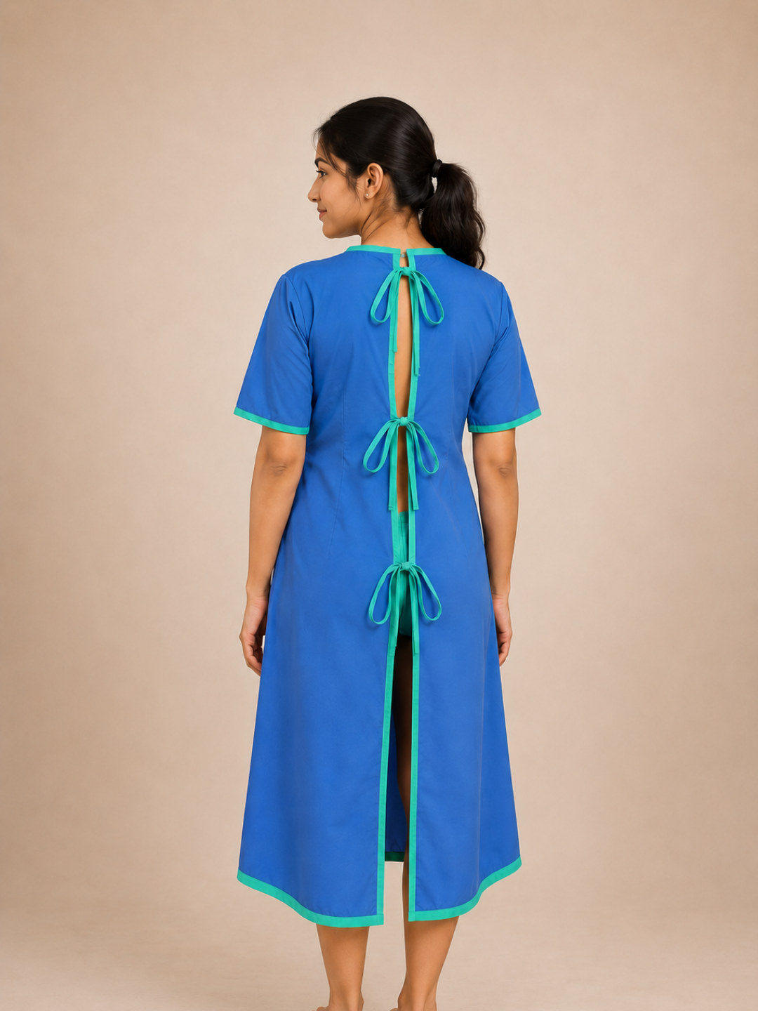 BLUE ROUND NECK PATIENT DRESS FOR WOMEN