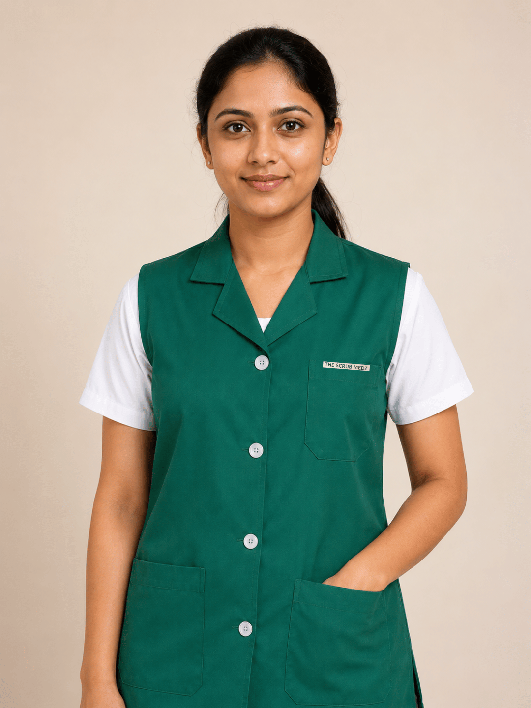 TSM GREEN SLEEVELESS HOUSEKEEPING COAT FOR WOMEN