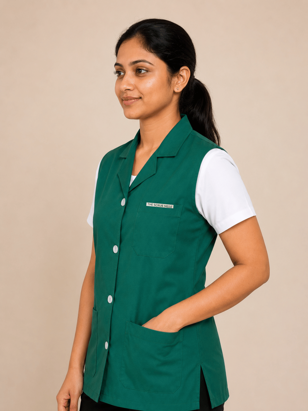 TSM GREEN SLEEVELESS HOUSEKEEPING COAT FOR WOMEN