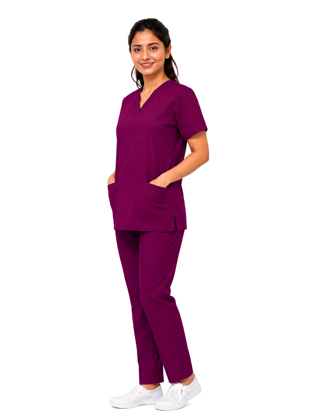 PRESTIGE 4 POCKET V NECK (WINE) WOMEN SCRUB