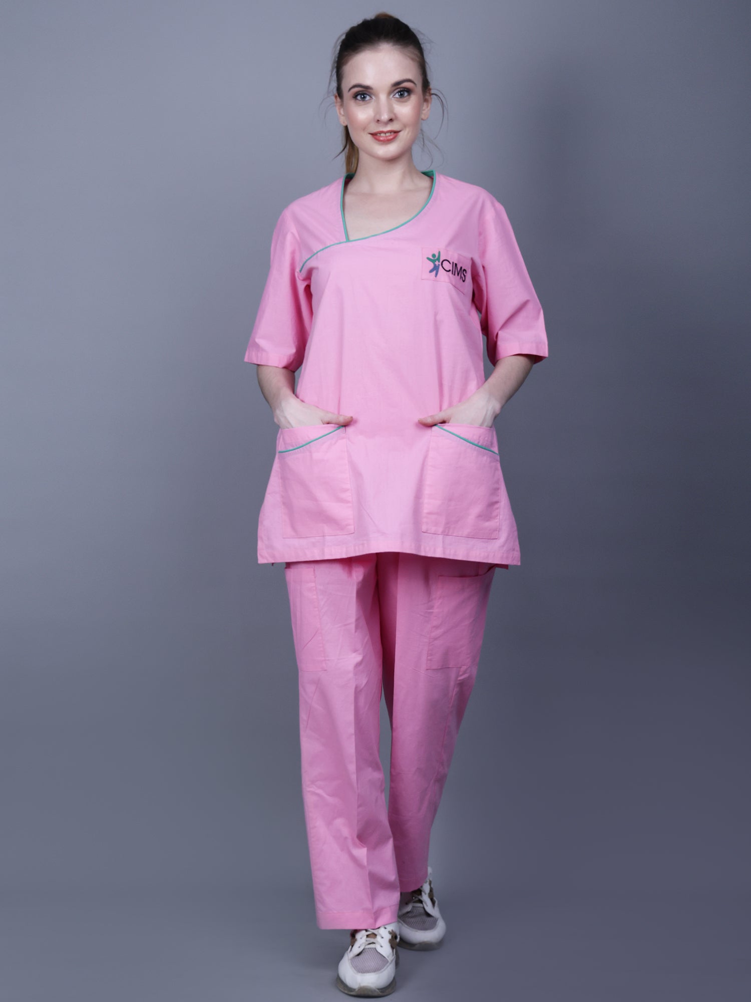 MEDICAL UNISEX ASYMMETRIC NECK PINK SCRUB