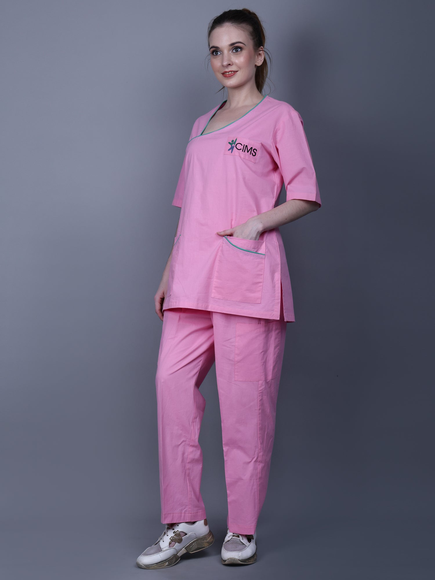 MEDICAL UNISEX ASYMMETRIC NECK PINK SCRUB