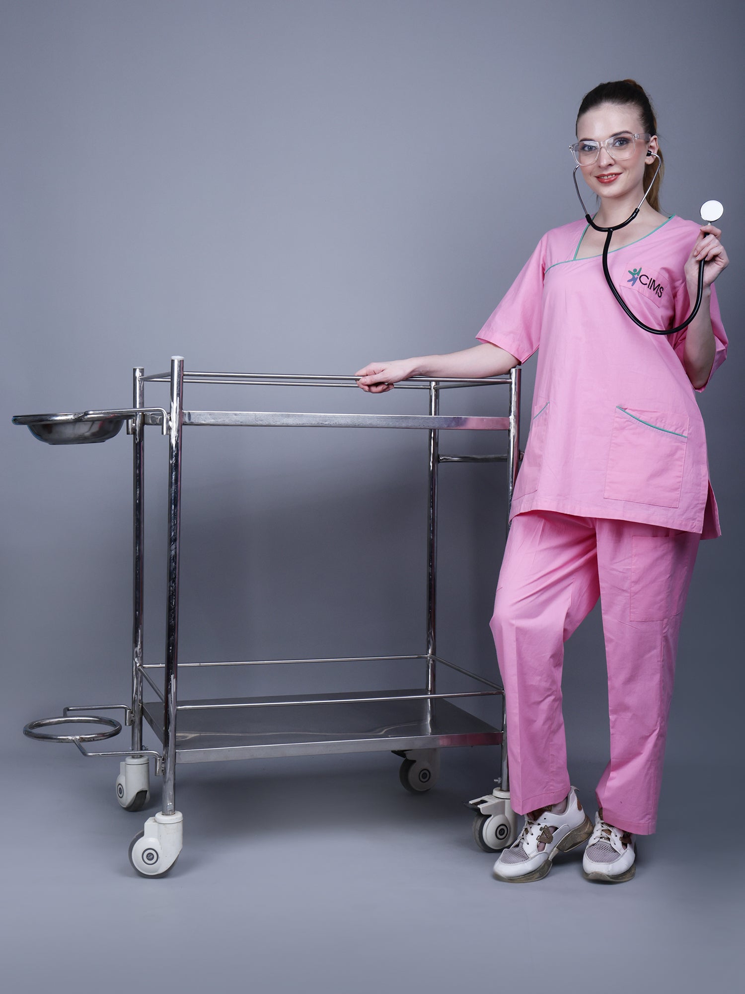 MEDICAL UNISEX ASYMMETRIC NECK PINK SCRUB