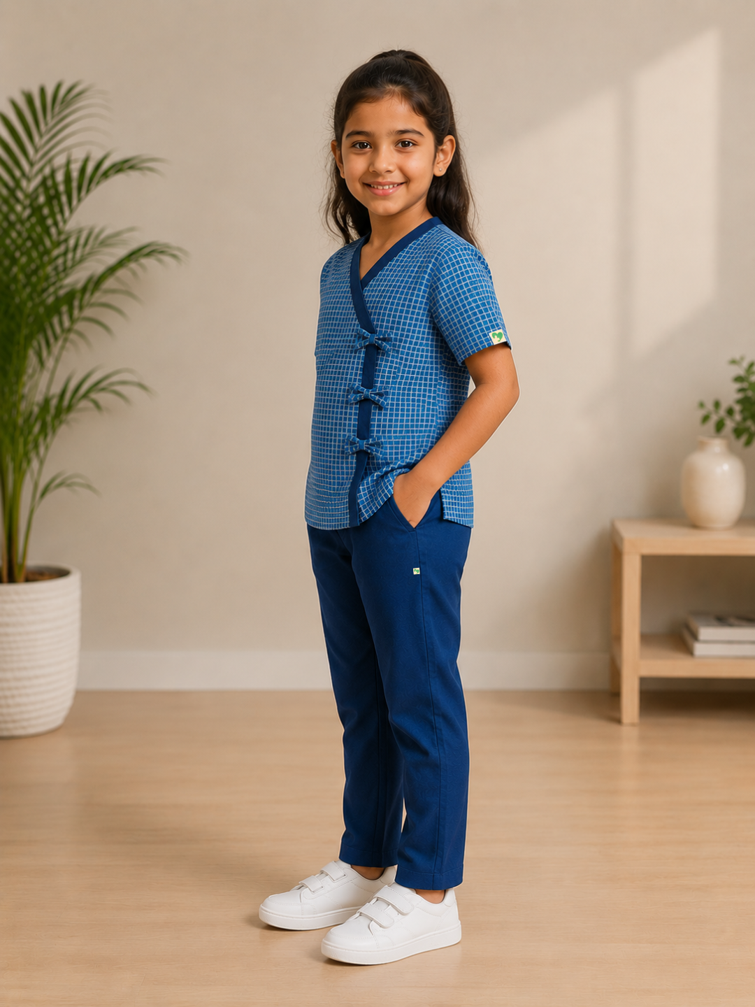 BLUE V NECK PATIENT DRESS FOR KIDS GIRL