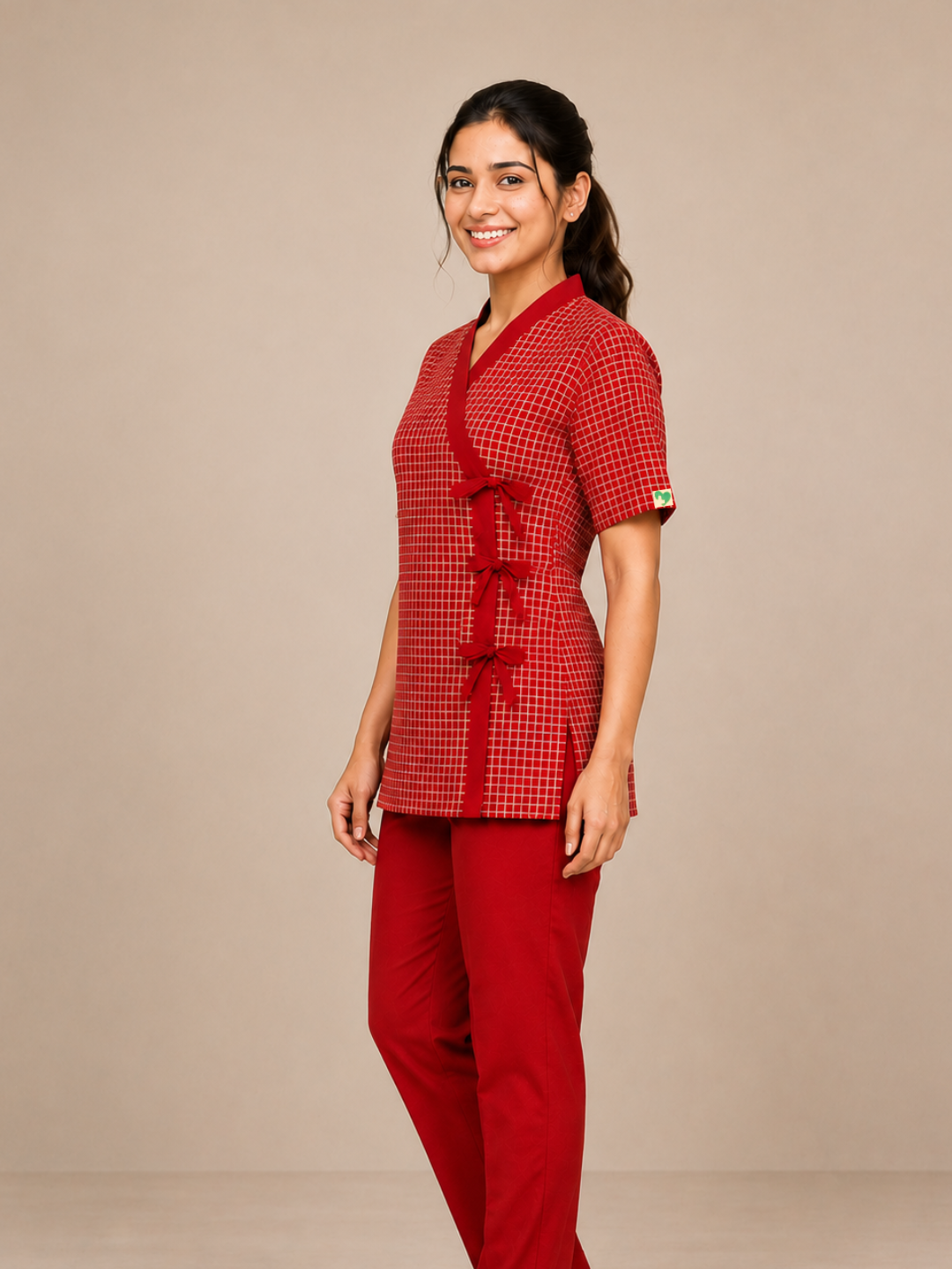 RED V NECK PATIENT DRESS FOR WOMEN
