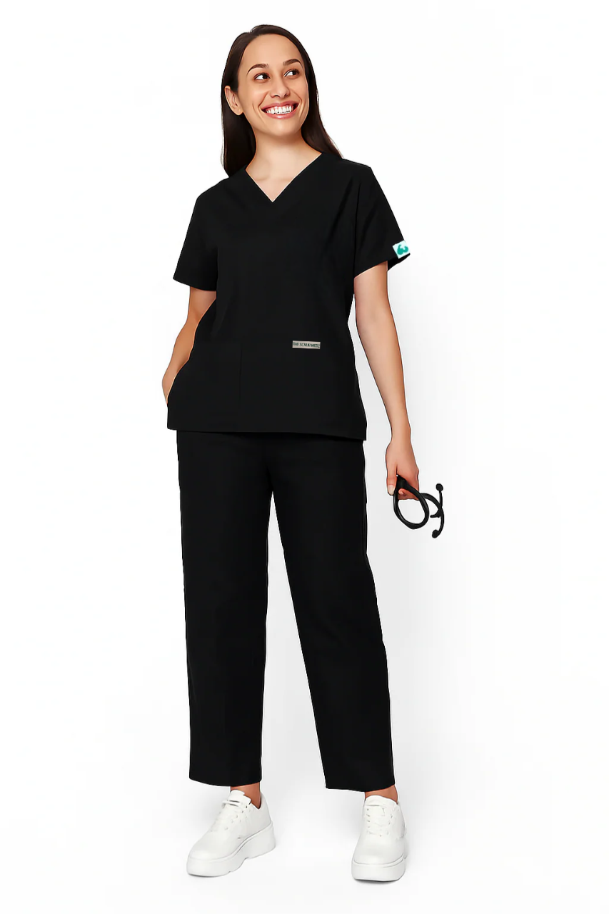 PRESTIGE 4 POCKET V NECK (BLACK) WOMEN SCRUB