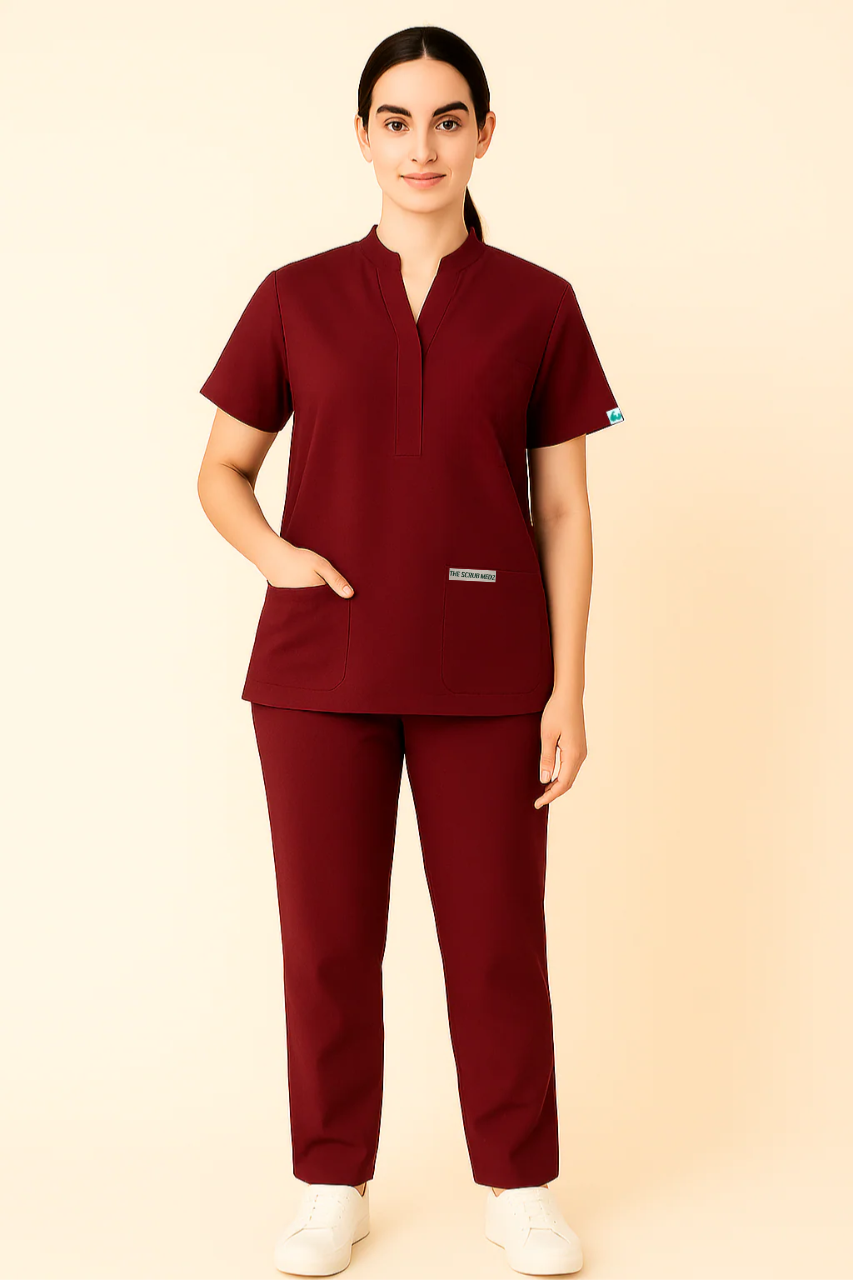 PRESTIGE 4 POCKET MANDARIN (MAROON) WOMEN SCRUB