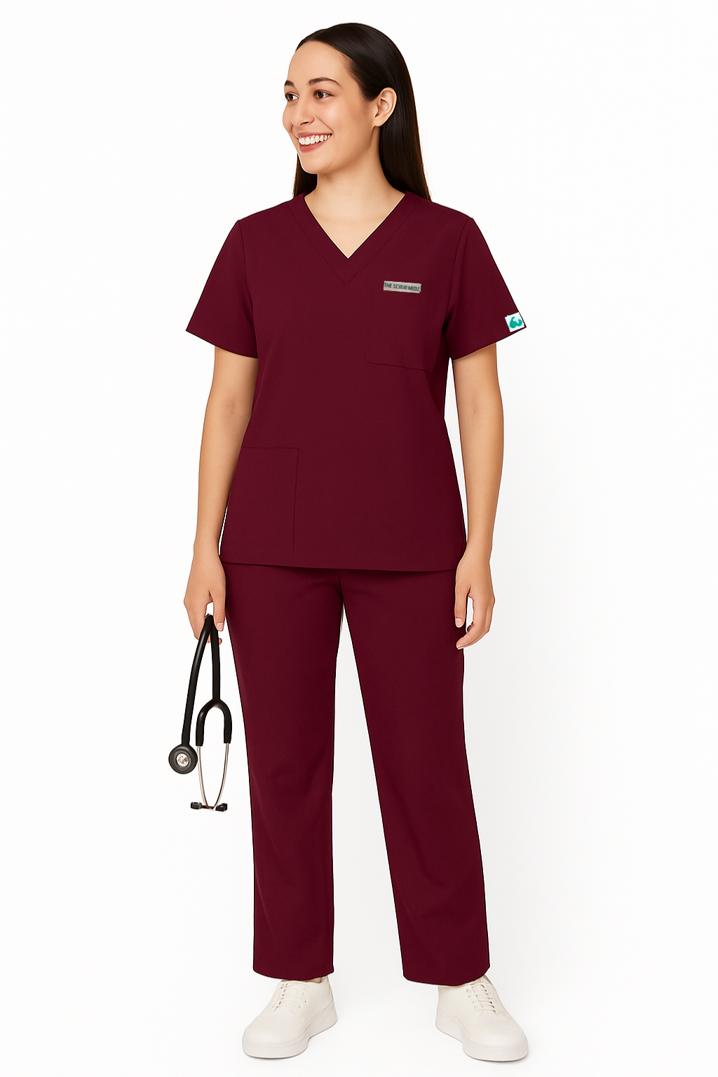 PRESTIGE 4 POCKET V NECK (MAROON) WOMEN SCRUB