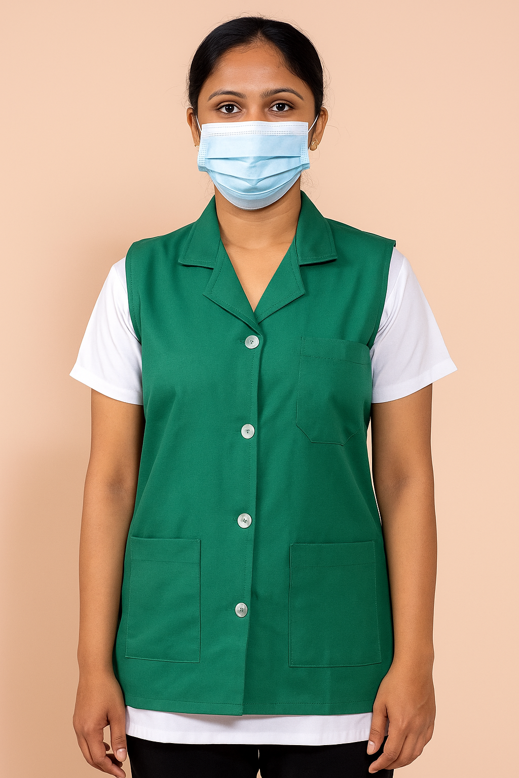 TSM GREEN SLEEVELESS HOUSEKEEPING COAT FOR WOMEN