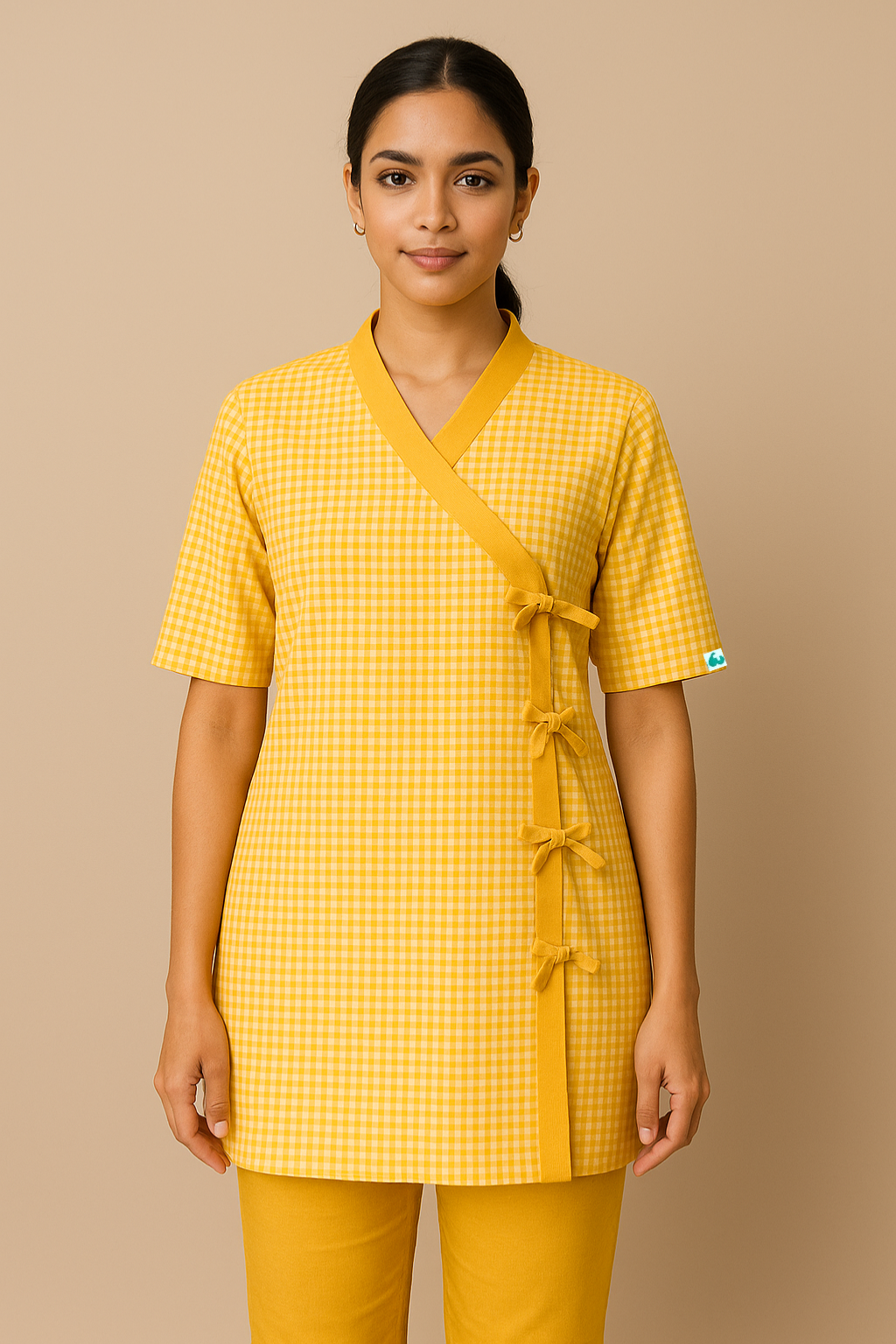 YELLOW V NECK PATIENT DRESS FOR WOMEN