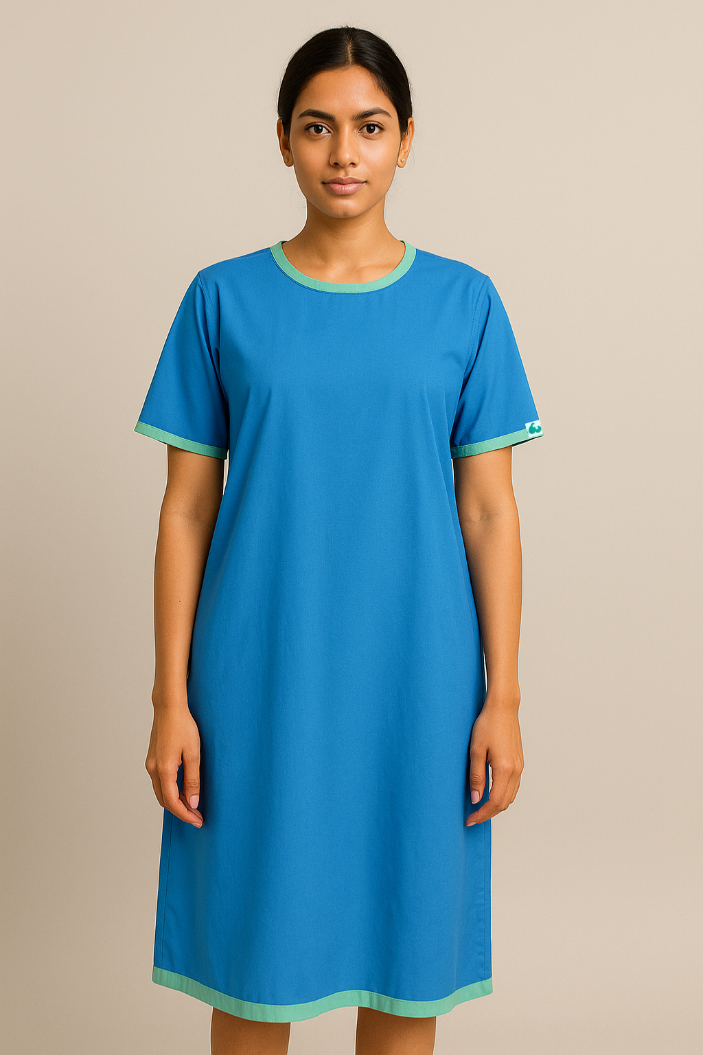 BLUE ROUND NECK PATIENT DRESS FOR WOMEN