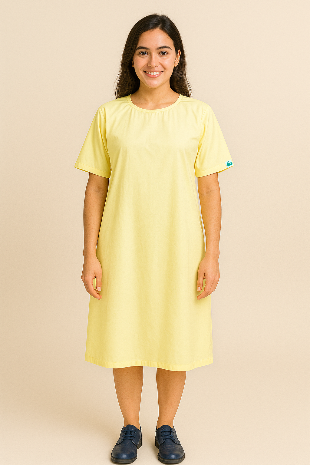 YELLOW ROUND NECK PATIENT DRESS FOR WOMEN