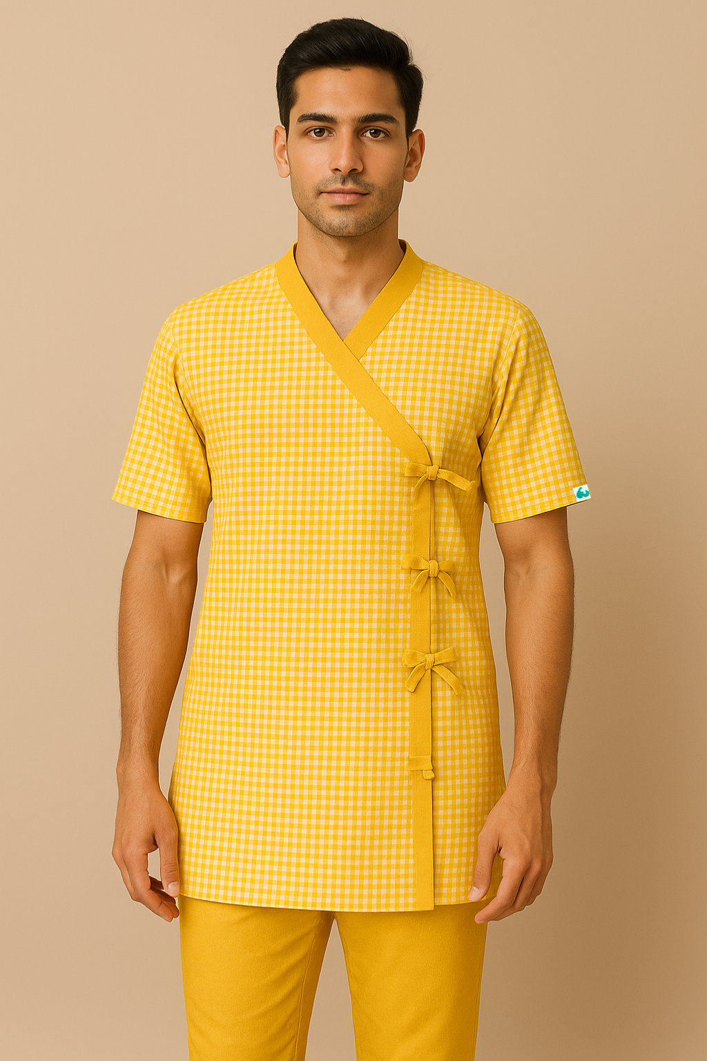 YELLOW V NECK PATIENT DRESS FOR MEN